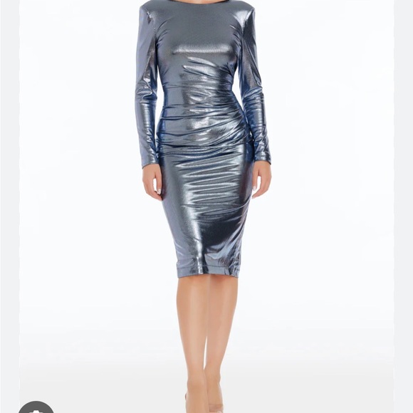 Dress the Population Emilia Dress Ice Blue Metallic Long Sleeve Bodycon Dress - Picture 2 of 4